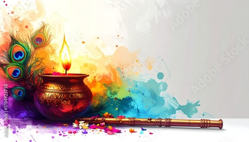 Vibrant Holi Festival Painting with Candle and Flute.