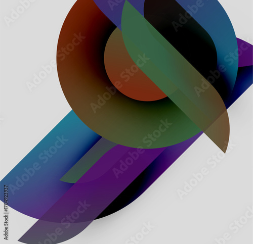 Abstract composition featuring overlapping colorful shapes. Gradient hues create dynamic visual effect, modern design.