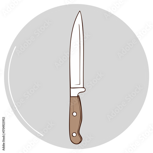 Illustrated kitchen knife with a sharp metal blade and brown wooden handle, a cooking utensil icon