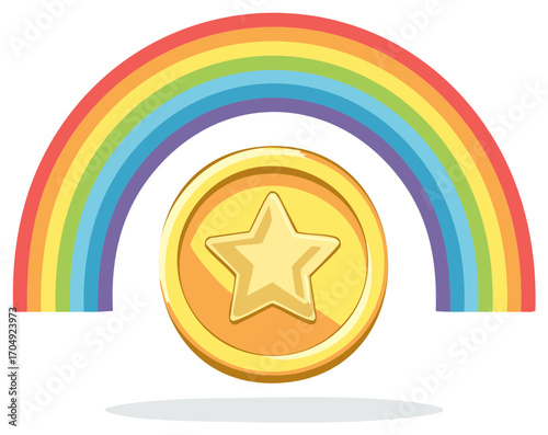 Golden Star Coin Beneath Vibrant Rainbow Arc Symbolizing Luck and Fortune