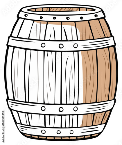 Vintage wooden barrel illustration with metal hoops for wine or beer storage