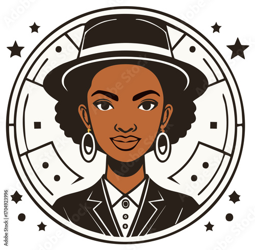 Stylish portrait of a woman in a hat and blazer within a decorative emblem.