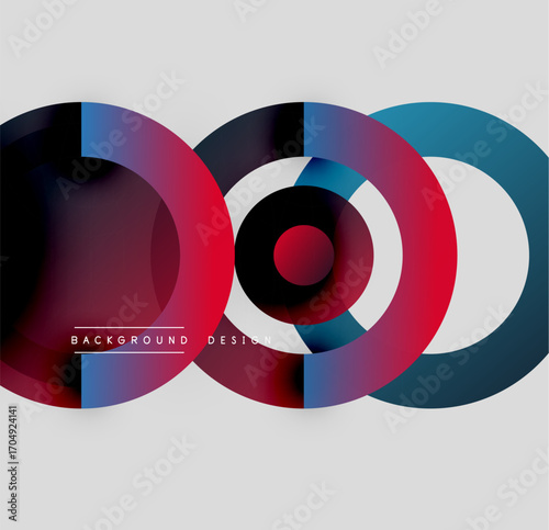 Abstract circles overlap, creating vibrant color gradients. Modern design elements suggest dynamic visual composition.