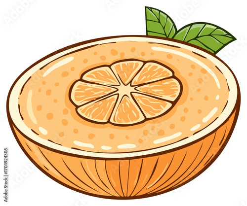 Cartoon illustration of a sliced orange with a visible segment and leaves