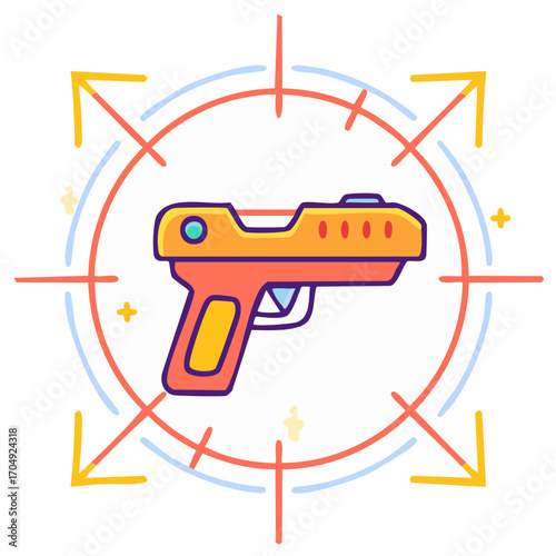 Colorful cartoon laser gun illustration with aiming target graphic for gaming concept