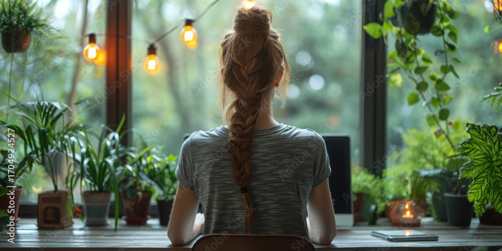 Obraz premium Woman working from home with a view of nature outside the open window