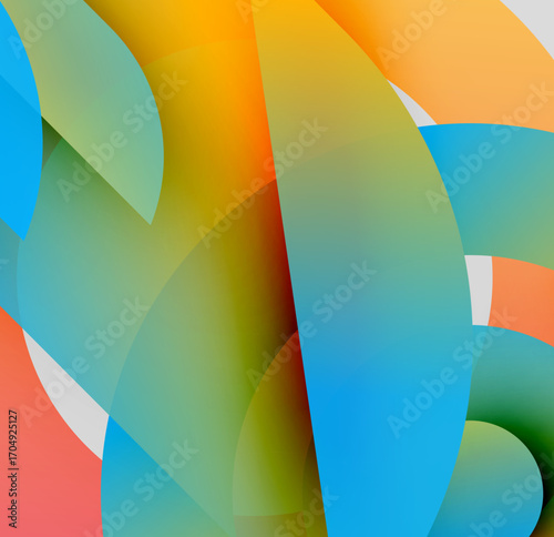 Abstract colorful shapes overlap. Gradients blend orange, green, blue hues. Modern design evokes fluidity, energy.