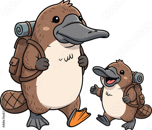 Two cartoon platypuses with backpacks going on an adventure