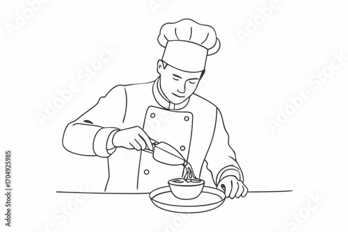 Outline of Chef Cooking – Black and White Kitchen Sketch