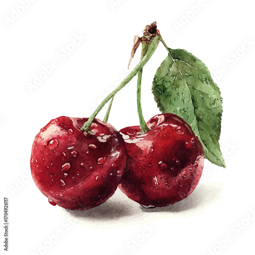 Wild Cherry, watercolor drawing vector, isolated on a white background.