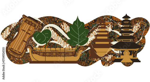 An artistic illustration celebrating the rich cultural heritage of Indonesia, featuring traditional instruments, iconic architecture, and intricate batik patterns.