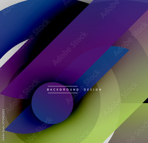 Abstract shapes overlap, creating vibrant color gradients. Design features blue, purple, green hues. Modern aesthetic.