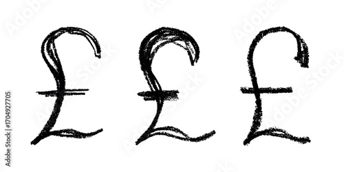 Set of hand drawn british pound currency symbol. Brush stroke doodle. Single element for design