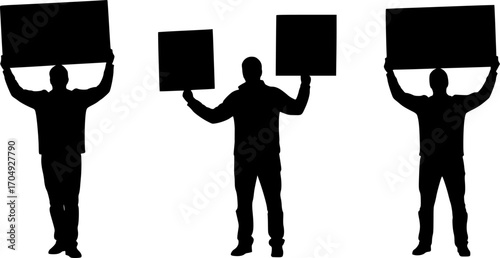 Silhouettes of three people one with a brush and two holding black boards on a white background | editable eps vectors