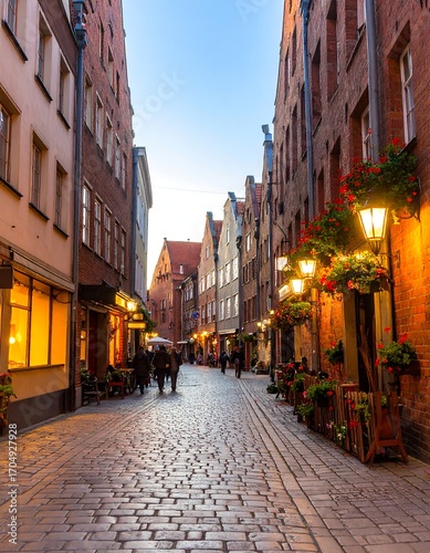 European cobblestone street at dusk