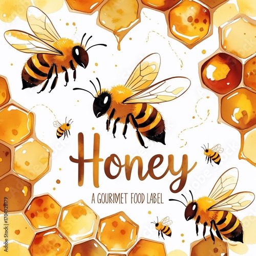 Vibrant Honeybees Swarming Around Golden Nectar Filled Hexagonal Cells Perfect for Food Branding