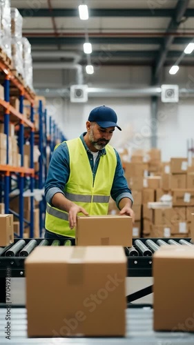 A warehouse worker package conveyor box shipping logistic storage industrial distribution supply chain inventory delivery uniform safety vest focu