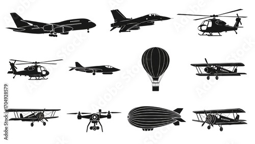 High-Quality Black Silhouette Icon Set of Planes – Aviation, Aircraft, Travel, and Transport Vectors
