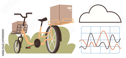 Cargo bike carrying packages, cloud outline, and analytics chart with fluctuating lines. Ideal for delivery, logistics, data analysis, urban transport, business efficiency, modern technology