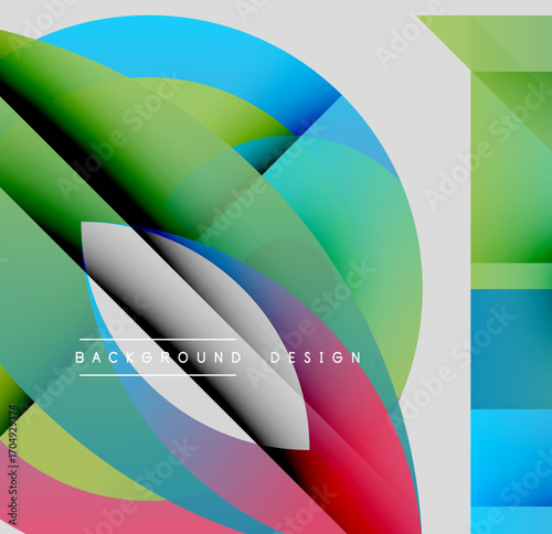Abstract colorful design. Overlapping shapes create dynamic visual effect. Modern gradients, smooth transitions, vibrant hues present.