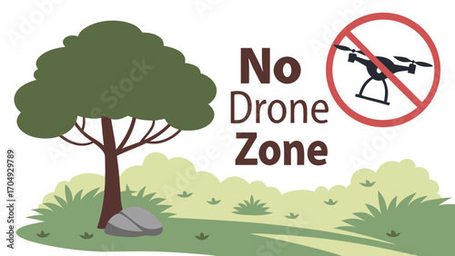 No Drone Zone Sign with Lush Green Tree and Grassy Landscape