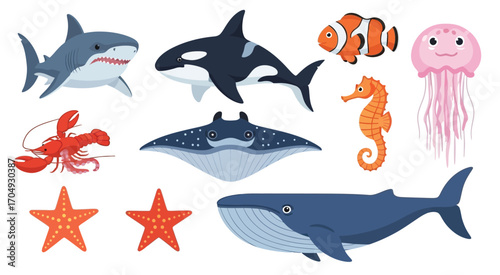 Colorful vector illustration of marine animals and sea creatures, ocean wildlife collection in fun cartoon style.