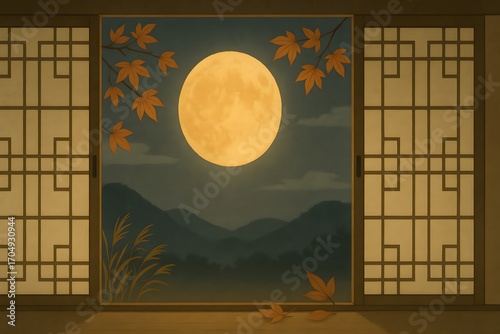 Autumn night moon at hanok window, serene background