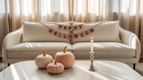 A living room decorated for halloween with pumpkins candle and happy halloween banner on the sofa .