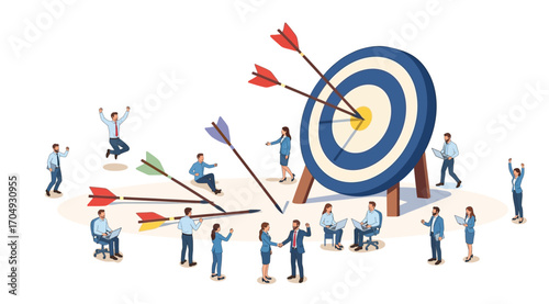 Business people celebrating success, target with arrows, teamwork, achievement, motivation, strategy, leadership, collaboration, and corporate growth.