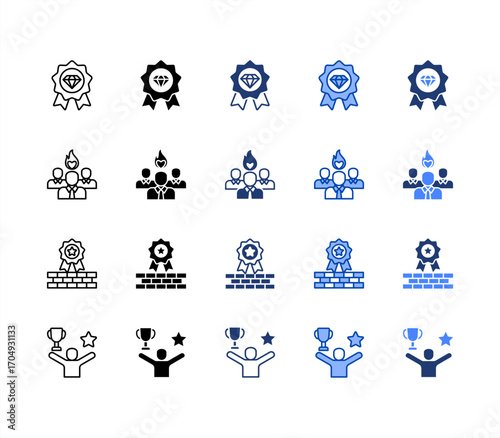 Quality, Craftmanship, Leader, Success, multiple style icon set.