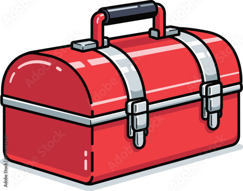 Red Metal Toolbox Cartoon with Handle and Latches Vector