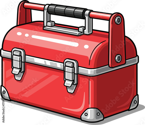 Red Metal Toolbox Cartoon with Handle and Latches Vector