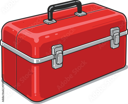 Red Metal Toolbox Cartoon with Handle and Latches Vector