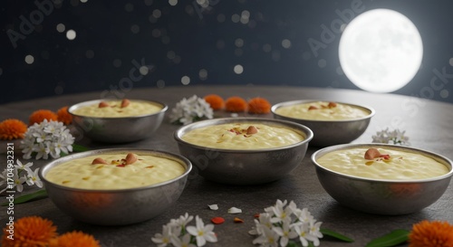 Sharad Purnima silver bowls, bowls filled with kheer under moonlight, white flowers scattered nearby