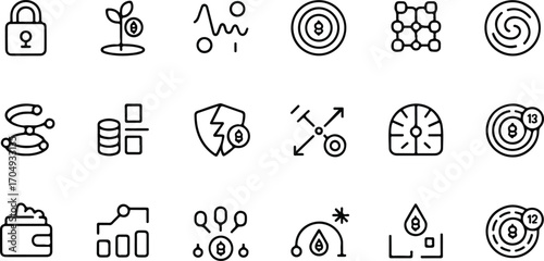  Crypto and DeFi icons set – minimalist line art for staking, yield farming, blockchain networks, and wallet security