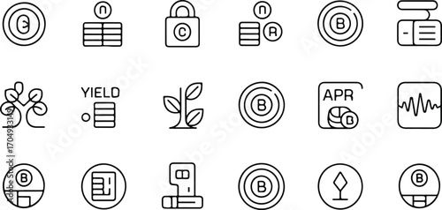 Crypto and DeFi icons set – minimalist line art for yield farming, staking, blockchain, and financial growth