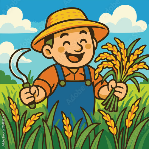 cartoon image of a farmer harvesting rice in a rice field
