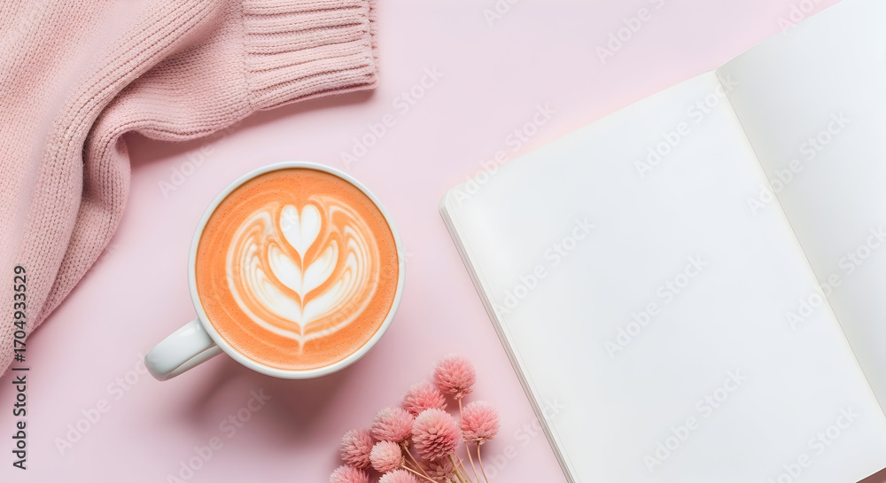 custom made wallpaper toronto digitalCozy autumn vibes latte art sweater notebook pink background aesthetic