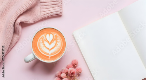Wallpaper Mural Cozy autumn vibes latte art sweater notebook pink background aesthetic Torontodigital.ca