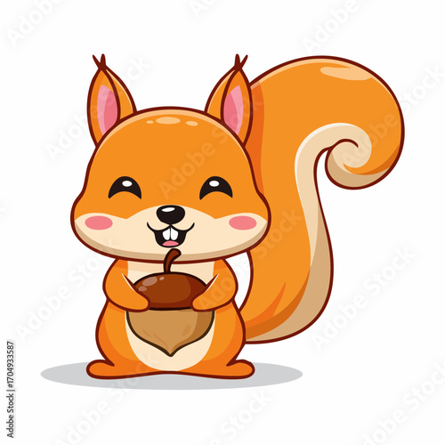 Charming vector illustration of a cute kawaii squirrel character. This adorable forest animal with a big fluffy tail is smiling happily while holding an acorn