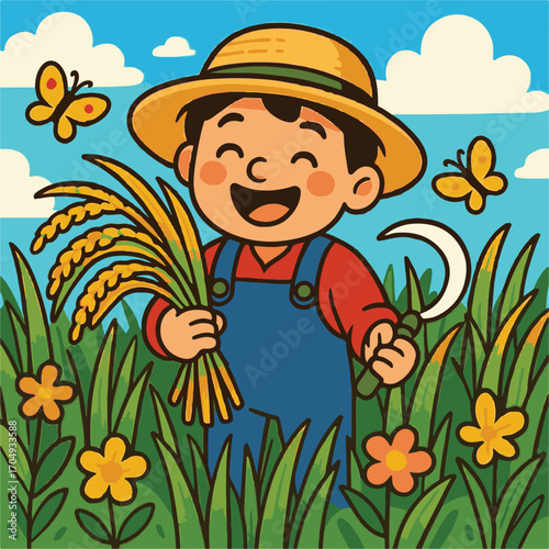 cartoon image of a farmer harvesting rice in a rice field