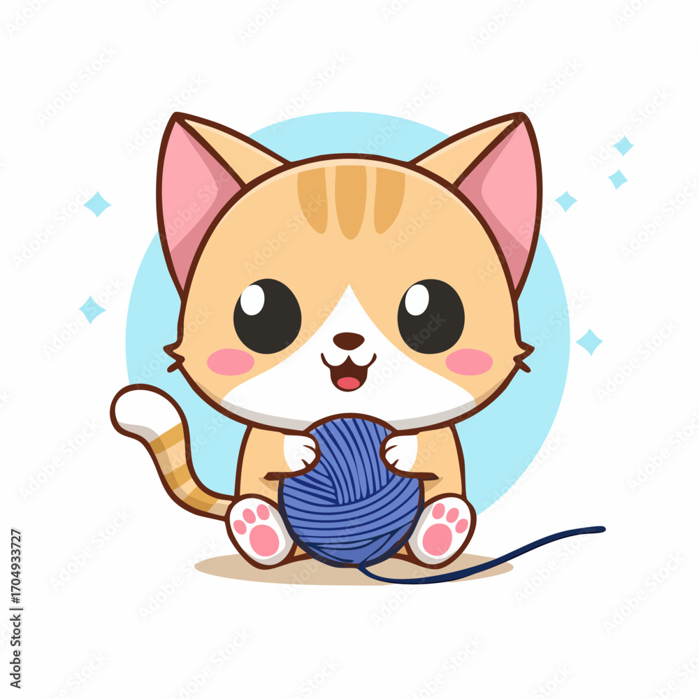 Fototapeta premium Vector illustration of a cute kawaii cat character with big shiny eyes and a thick bold outline, happily playing with a blue ball of wool