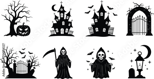 Halloween vector set with haunted houses, spooky trees, creepy gates, grim reaper figures, cemetery lanterns, bats, moons, and spooky graveyard elements.