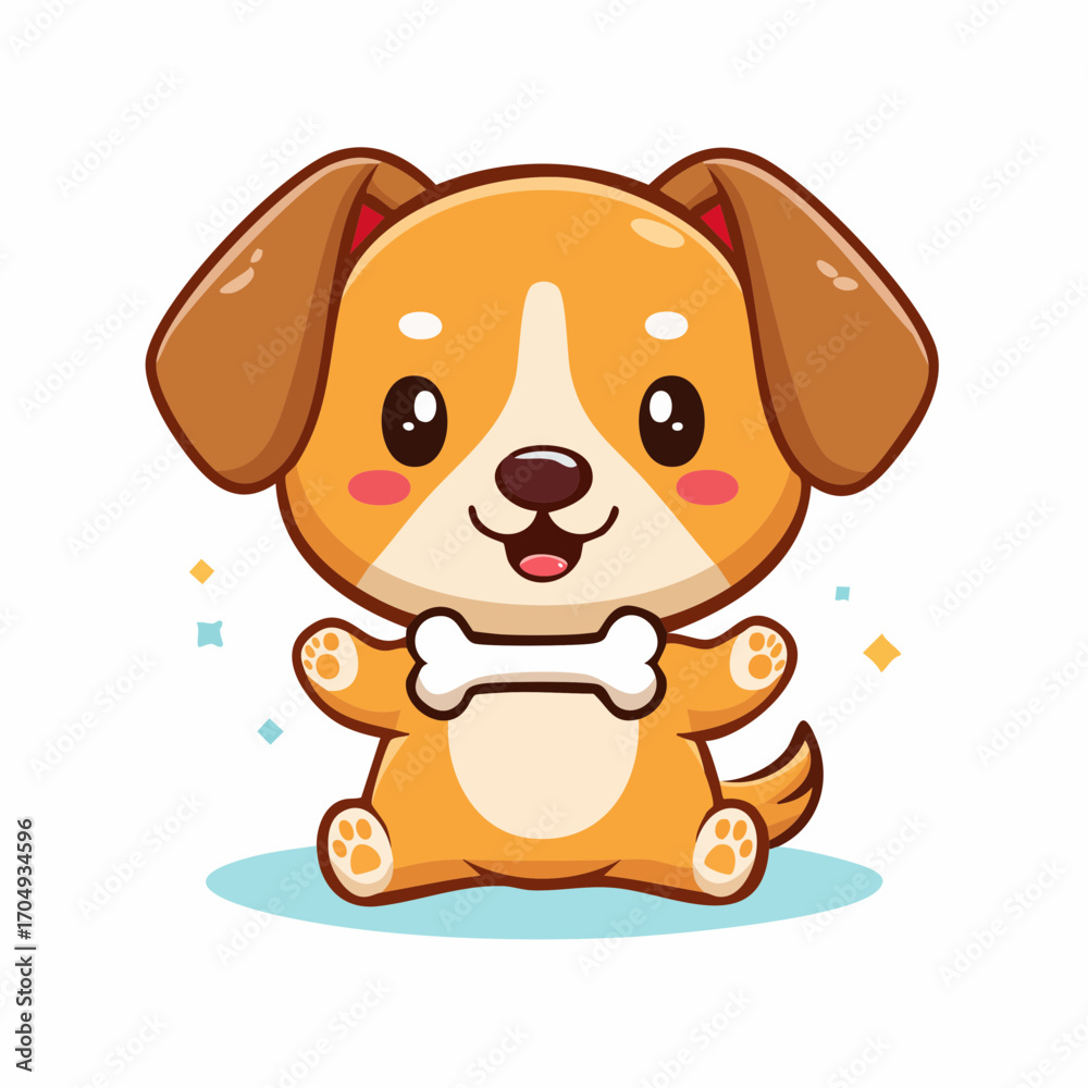 Obraz premium Charming kawaii puppy character sitting happily while holding a bone. This adorable chubby dog cartoon has a thick outline and is isolated on a white background