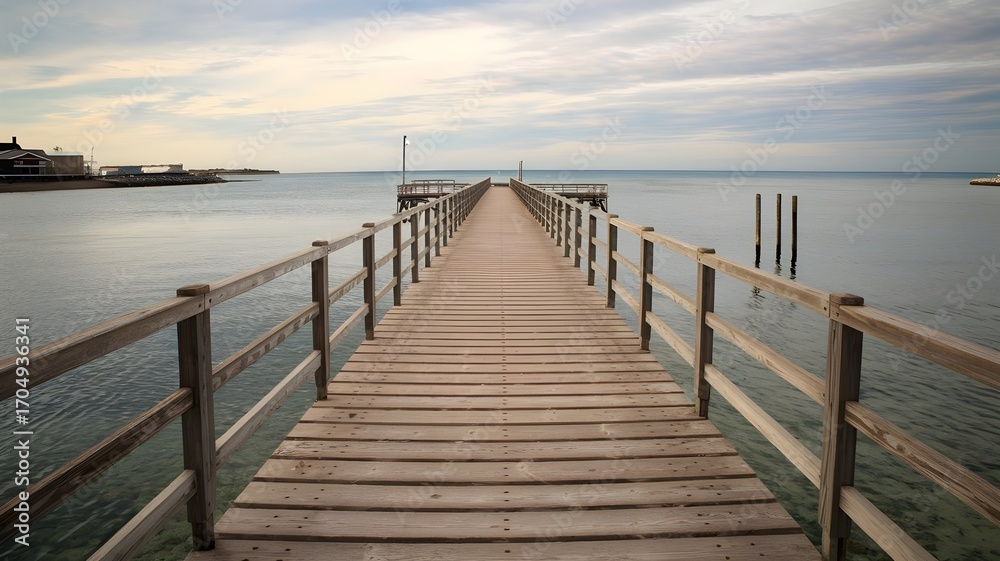 Fototapeta premium Wooden Pier with Railings Extending into Calm Sea
