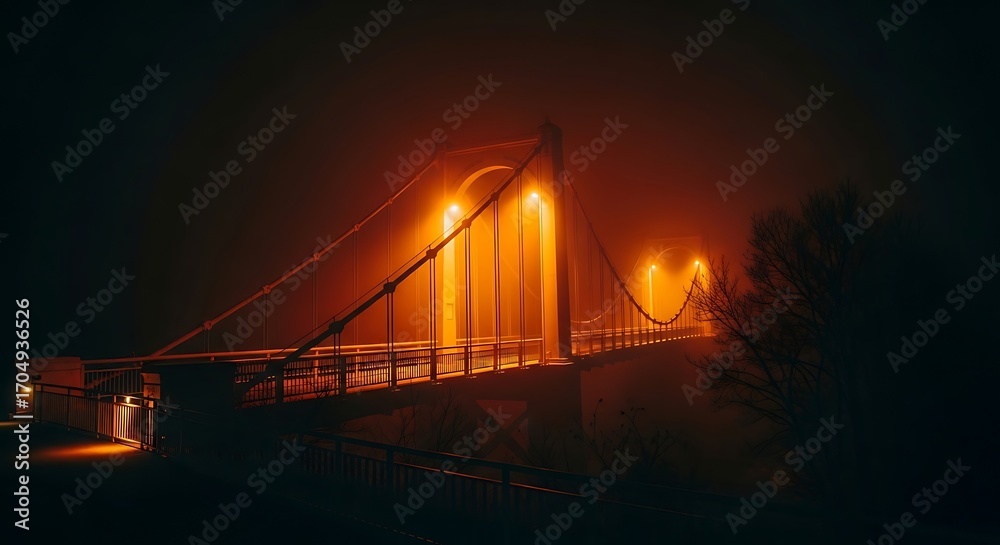 Fototapeta premium Suspension bridge illuminated at night with orange lights in foggy atmosphere