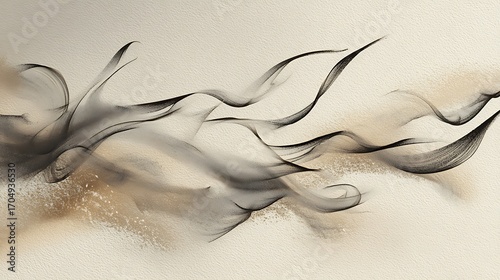 Abstract calligraphy strokes flowing like breath over muted sand textures