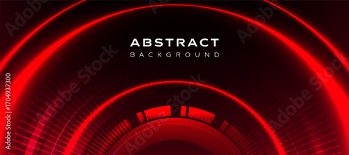 Red abstract background vector design with glowing circular lines and futuristic light effect. Modern digital red curve pattern, technology style wallpaper for creative graphic design.