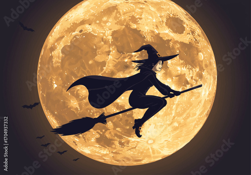Witch Flying Across the Moon Silhouette