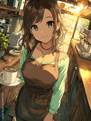 コーヒーを提供する女性バリスタのベクターイラスト